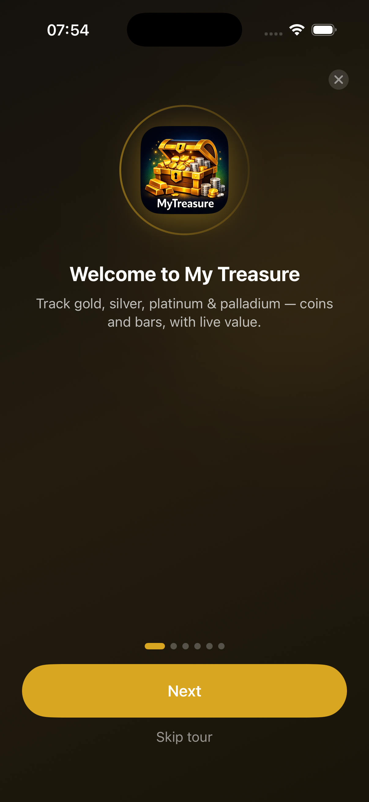 My Treasure onboarding tour welcome screen