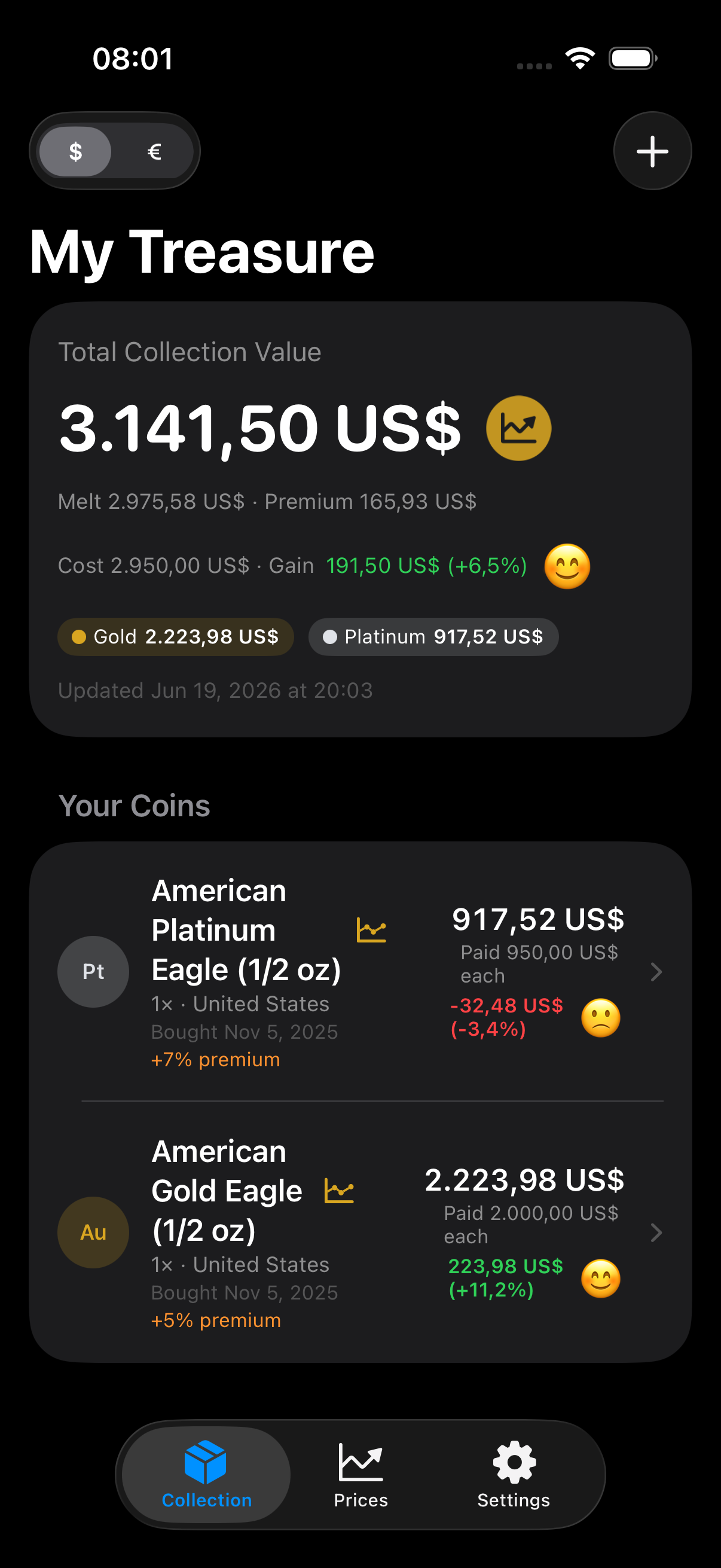 My Treasure collection tab with total value, melt and premium breakdown, and your coins list